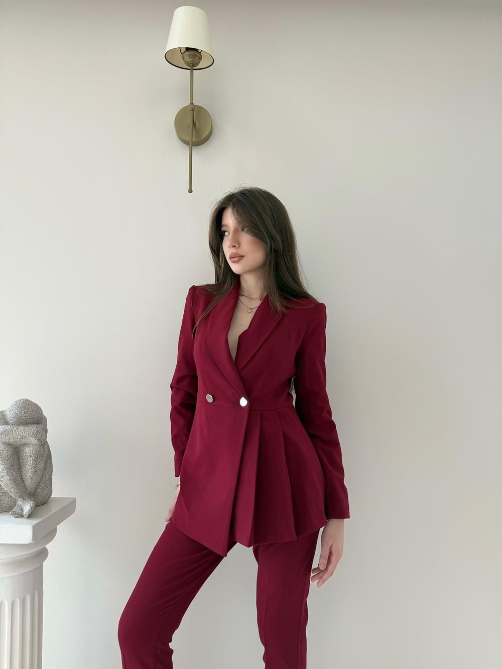 Çift Düğme Detay Pensli Blazer Ceket Ve Pantolonlu İkili Kumaş Takım Bordo 2105