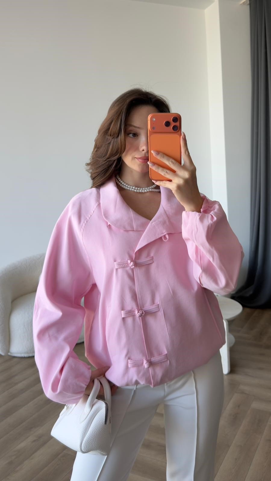 Çin Düğme Detay Astarlı Balon Kol Bomber Ceket Pembe 2419
