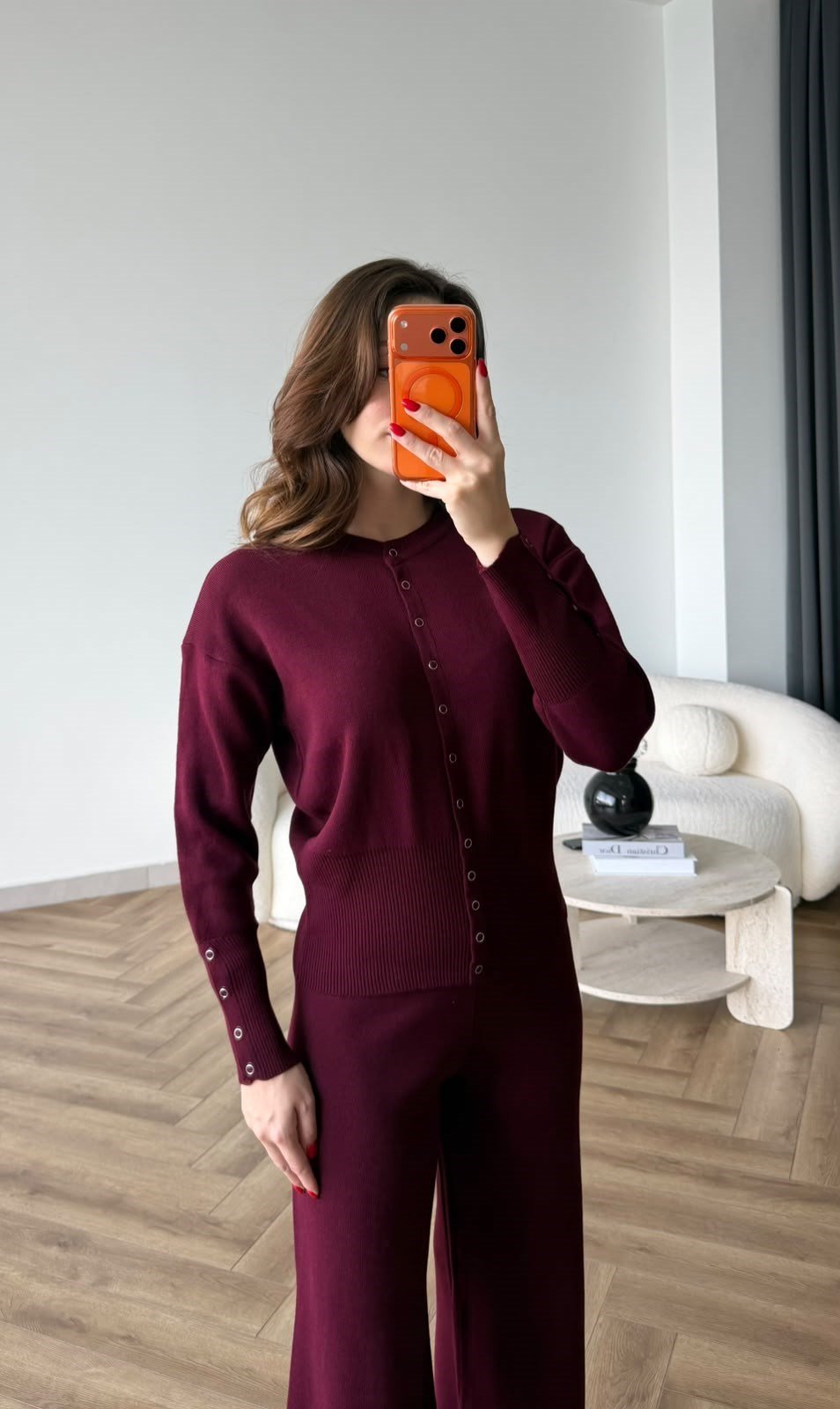 Çıtçıt Detay Hırka ve Pantolonlu Triko Takım Mürdüm 2533