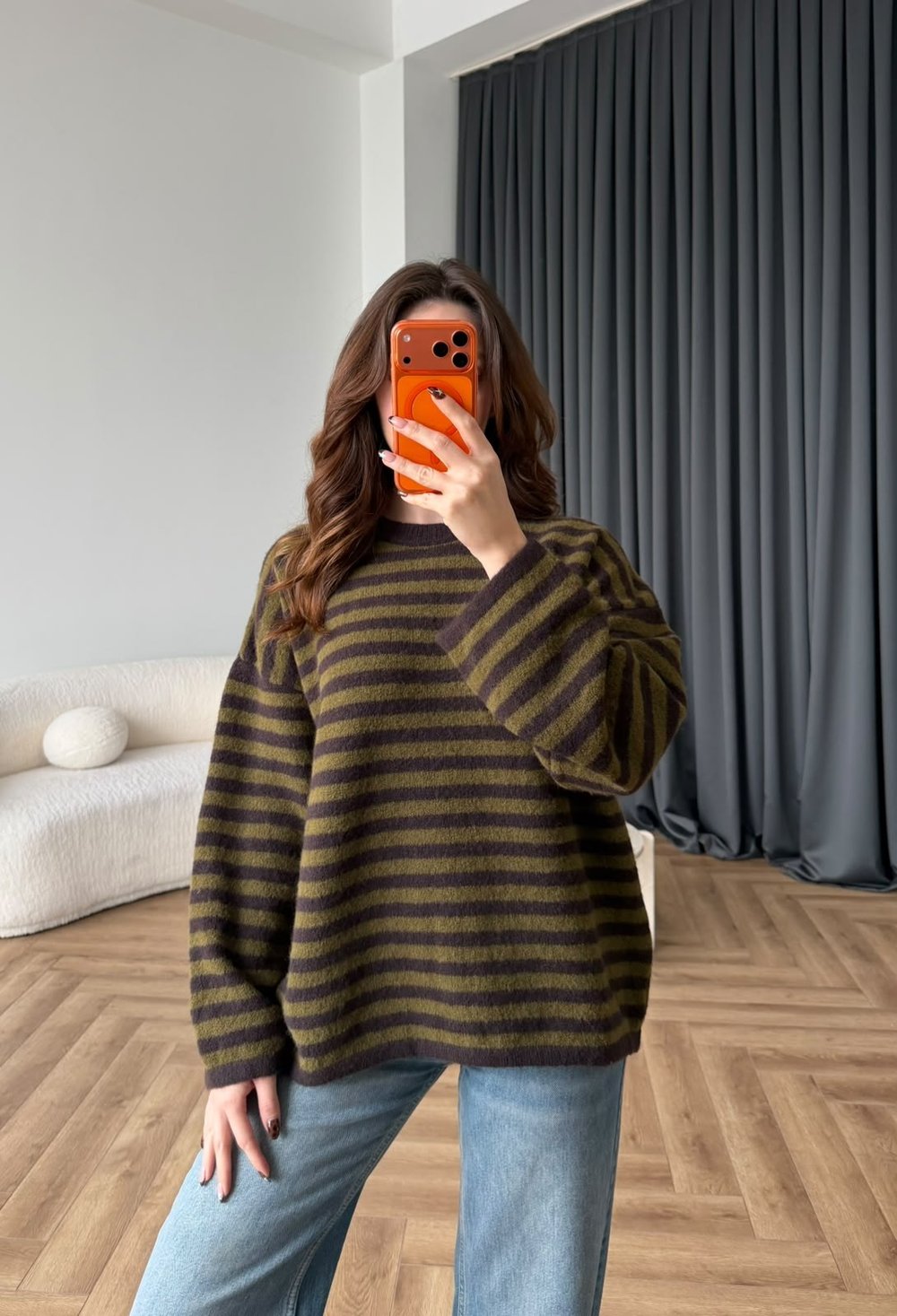 Çizgili Bisiklet Yaka Oversize Yumoş Dokulu Kazak Kahve Yeşil 2582