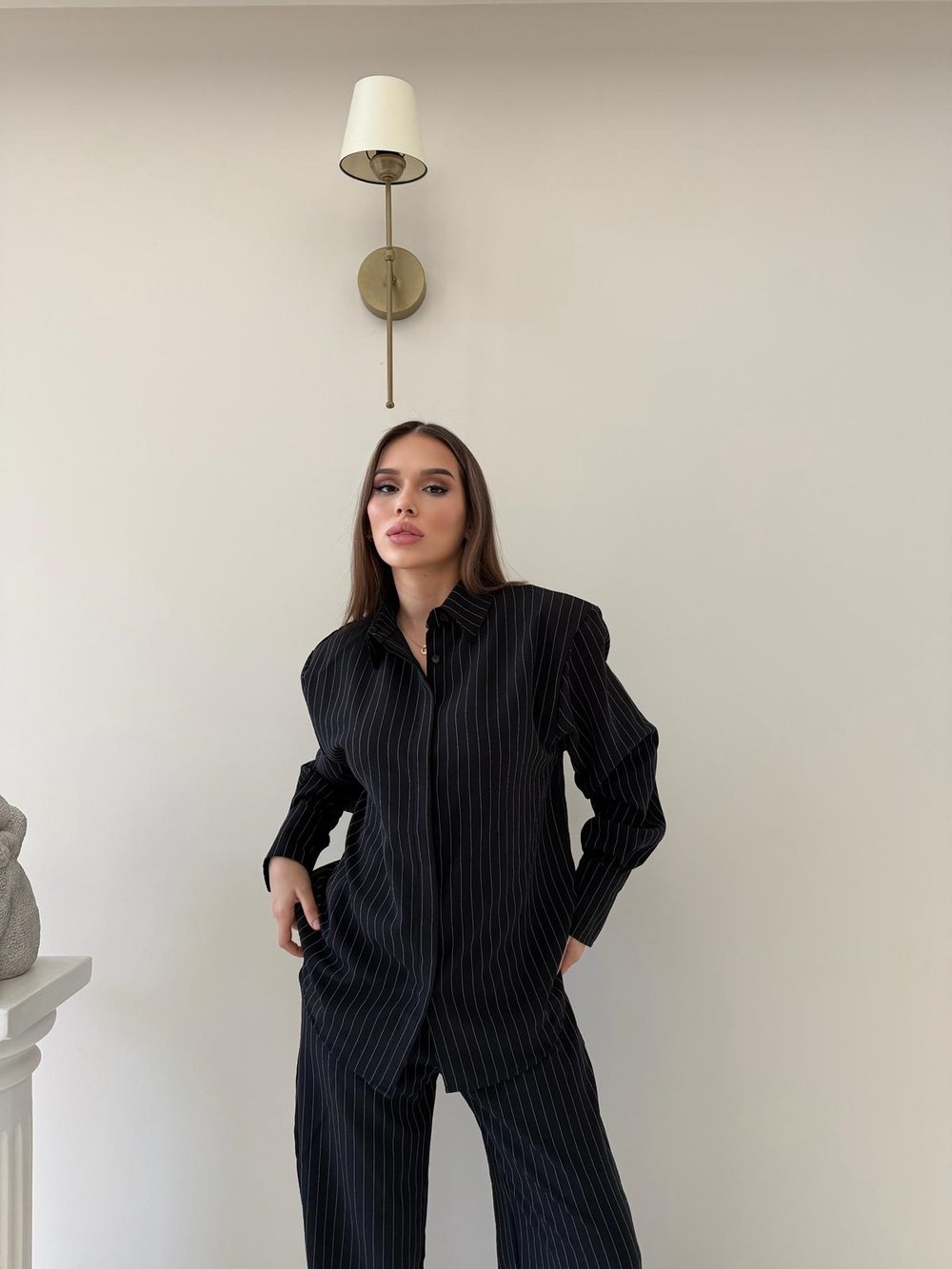 Çizgili Oversize Gömlek Ve Pantolonlu İkili Crep Takım Siyah 2025