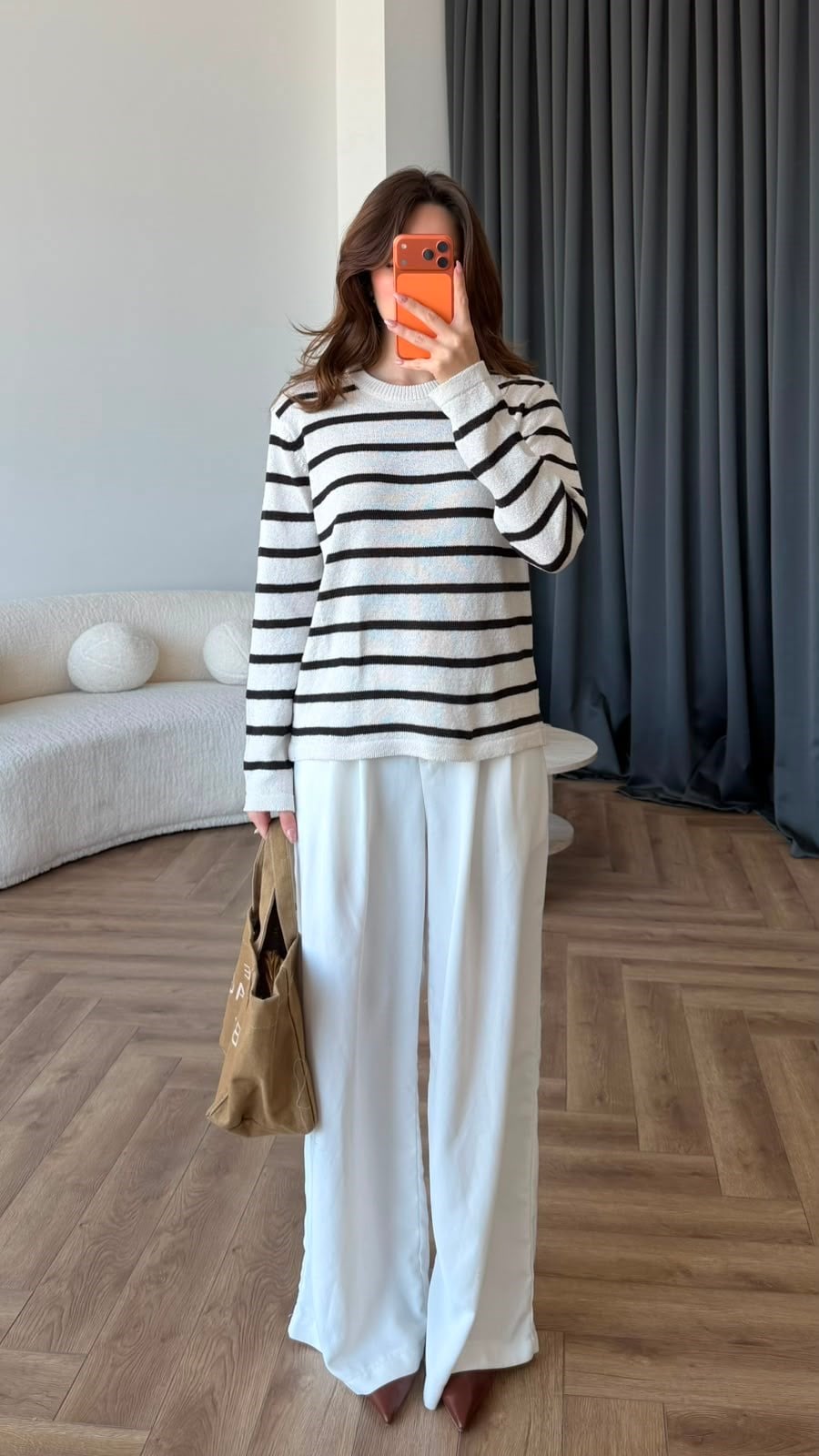 Çizgili Oversize Kazak Beyaz 2405
