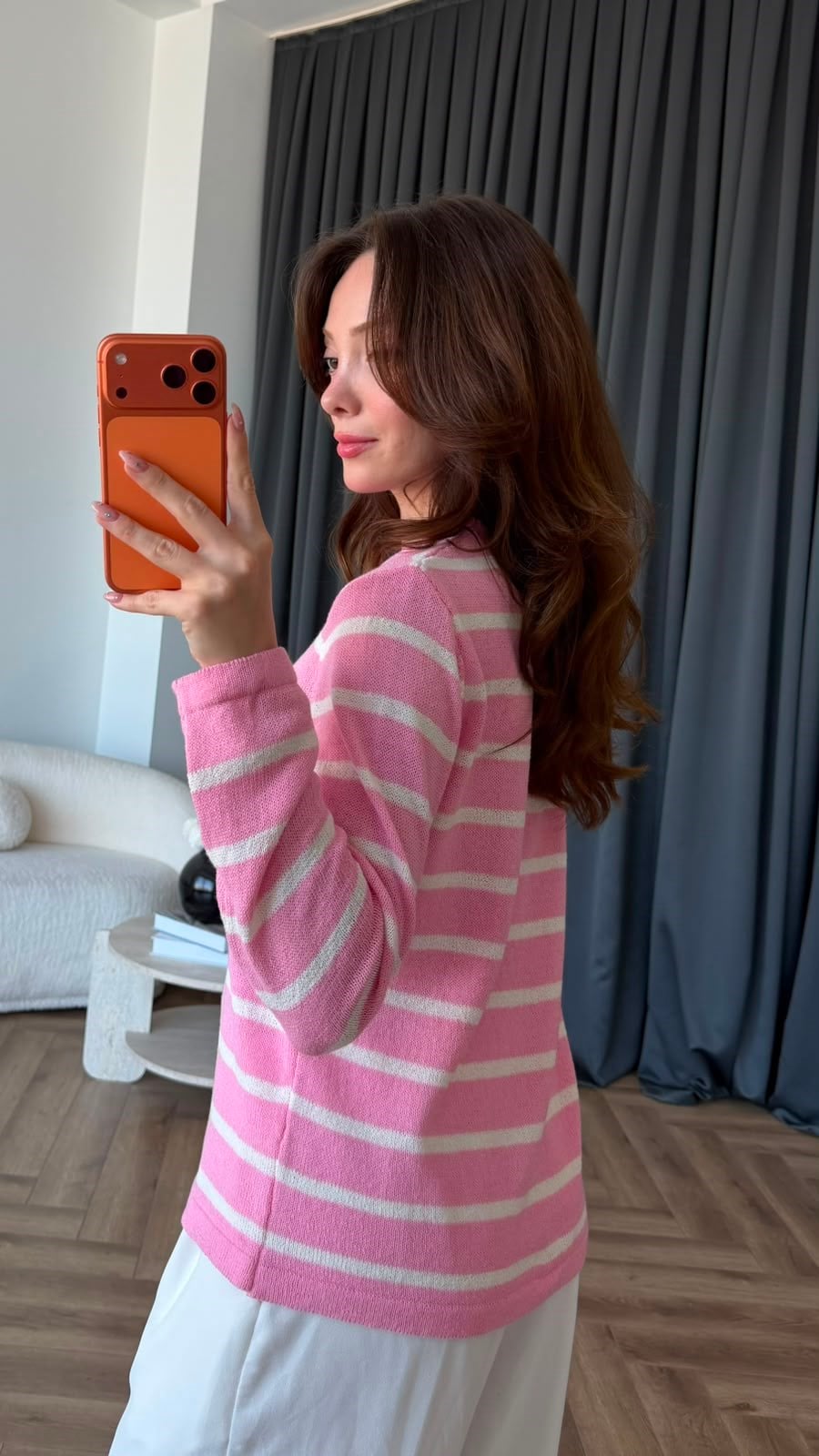 Çizgili Oversize Kazak Pembe 2405
