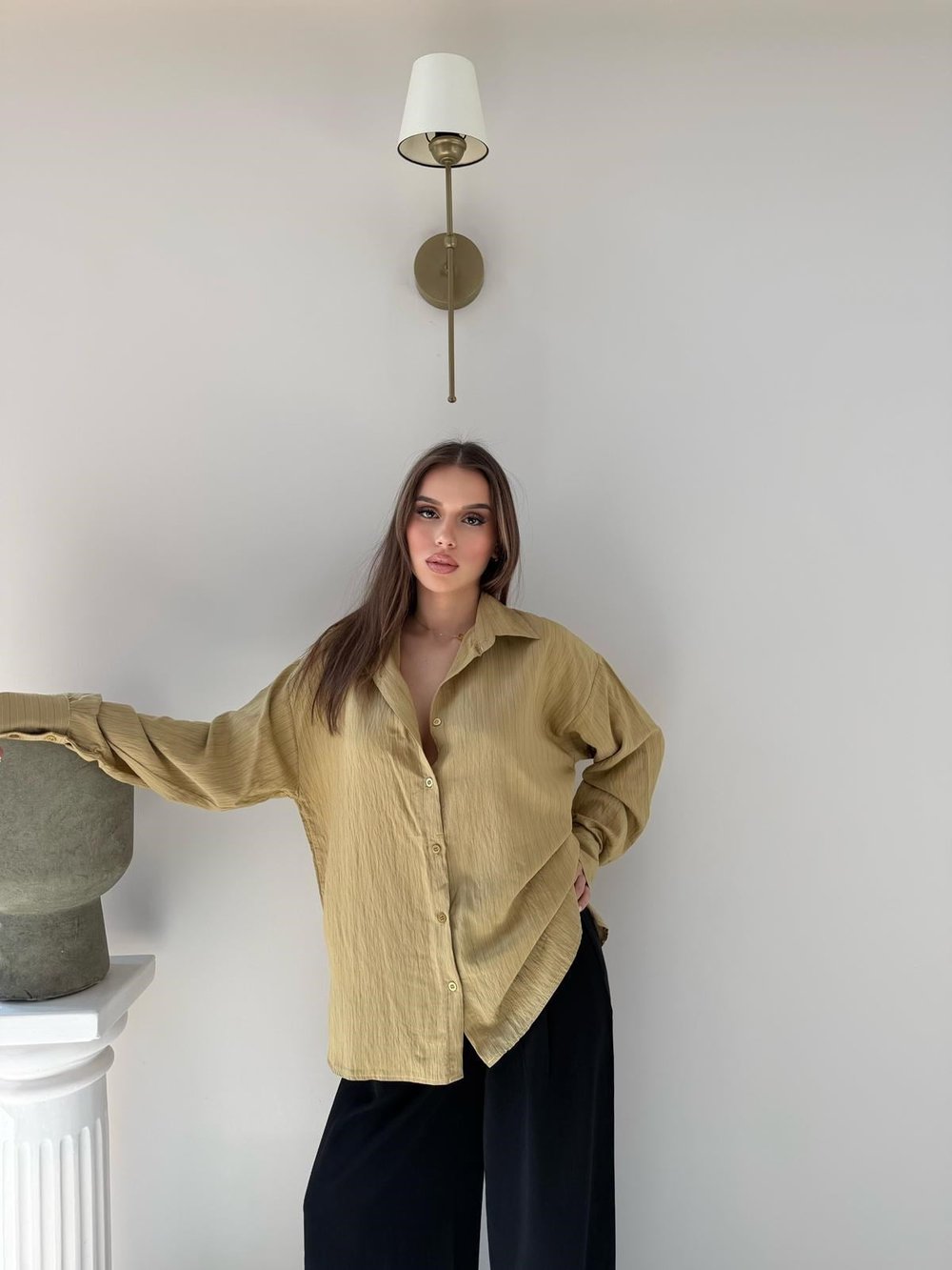 Çizgili Oversize Tensel Gömlek Camel 2094
