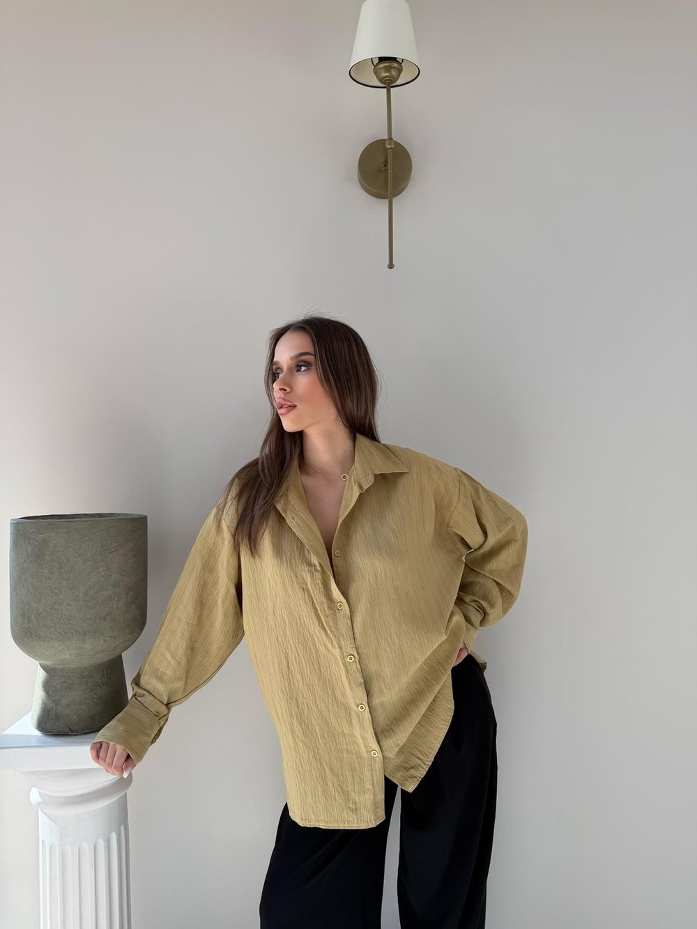 Çizgili Oversize Tensel Gömlek Camel 2094