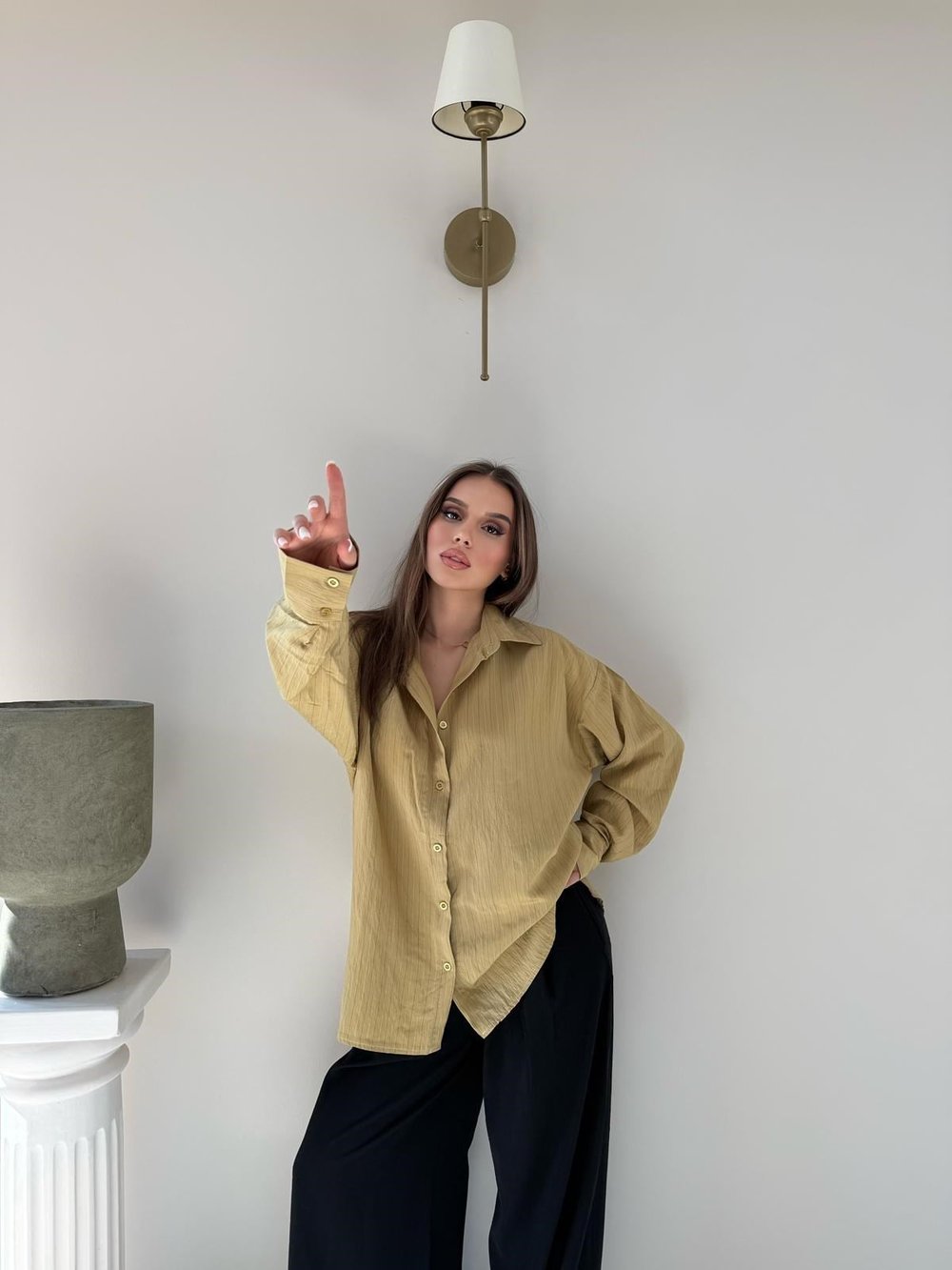Çizgili Oversize Tensel Gömlek Camel 2094