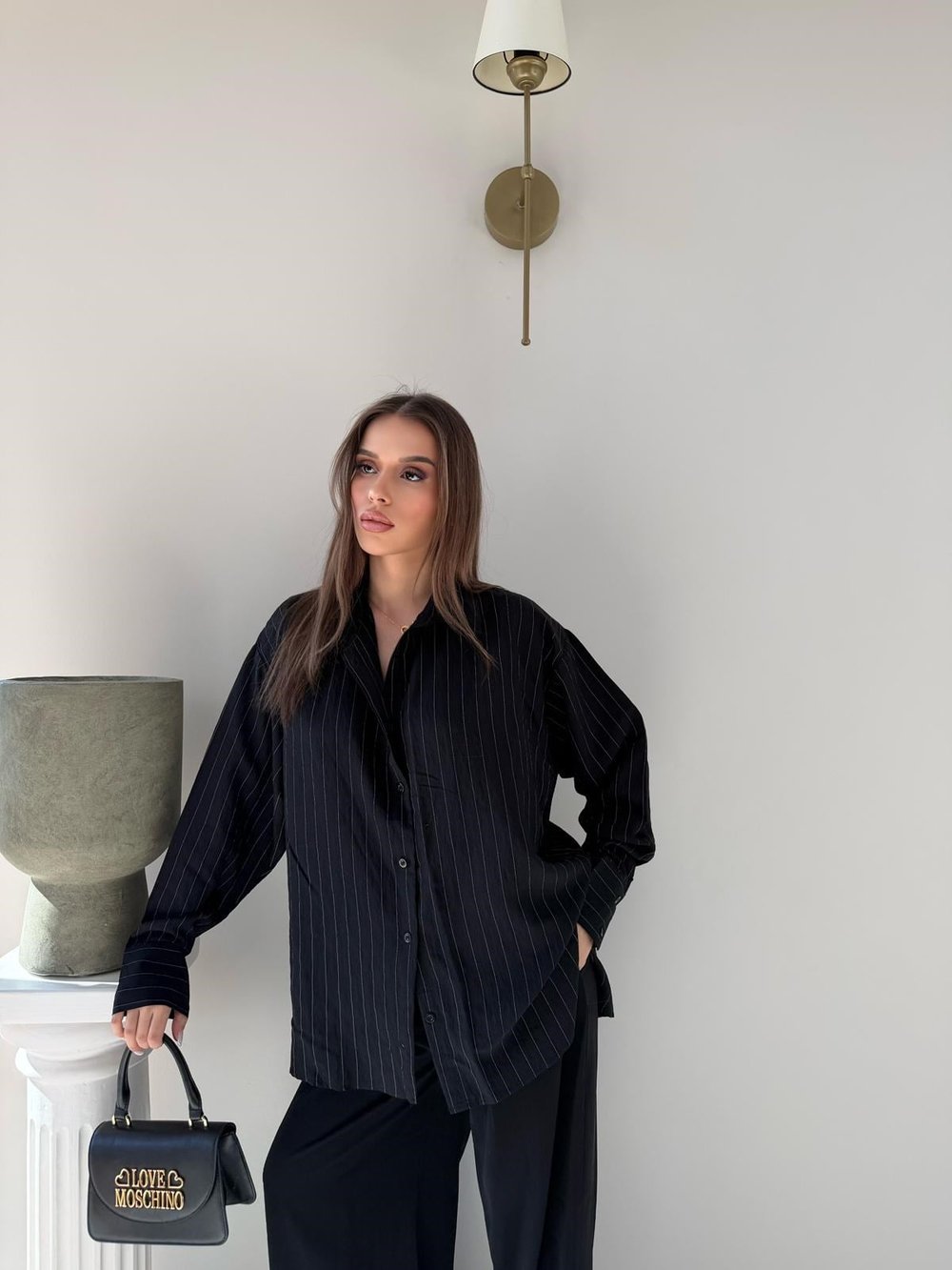 Çizgili Oversize Tensel Gömlek Siyah 2094