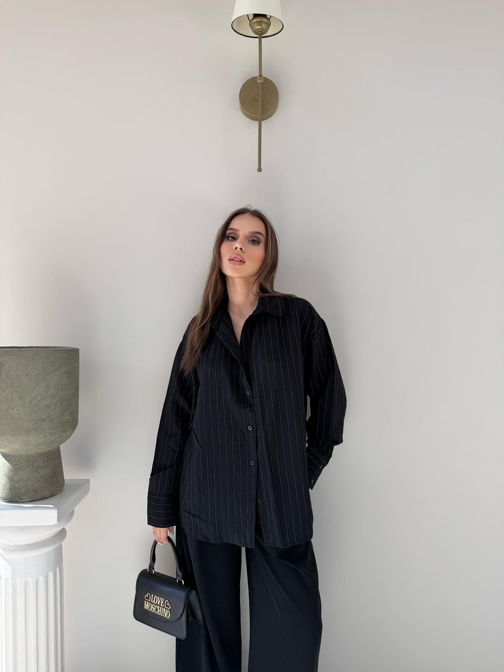 Çizgili Oversize Tensel Gömlek Siyah 2094