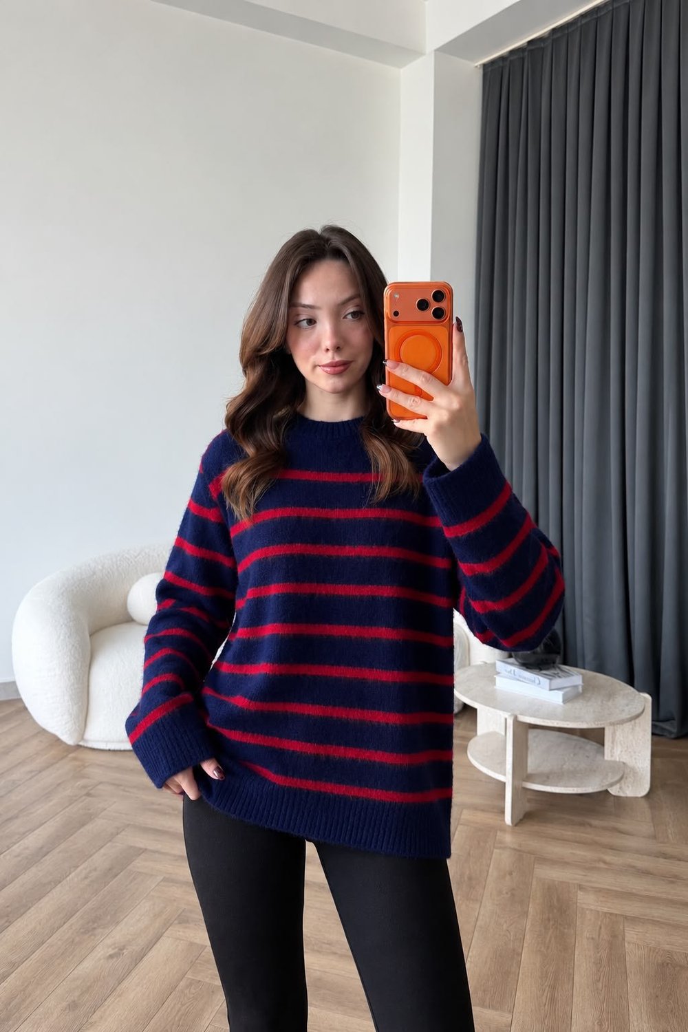 Çizgili Oversize Yumoş Dokulu Kazak Lacivert 2567