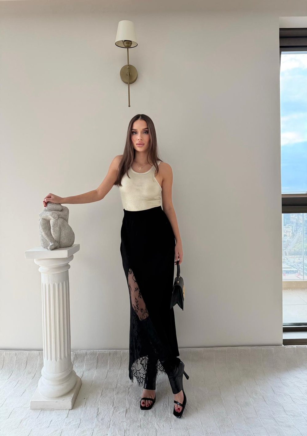 Dantel Detay Yüksek Bel Yırtmaçlı Triko Etek Siyah 2033