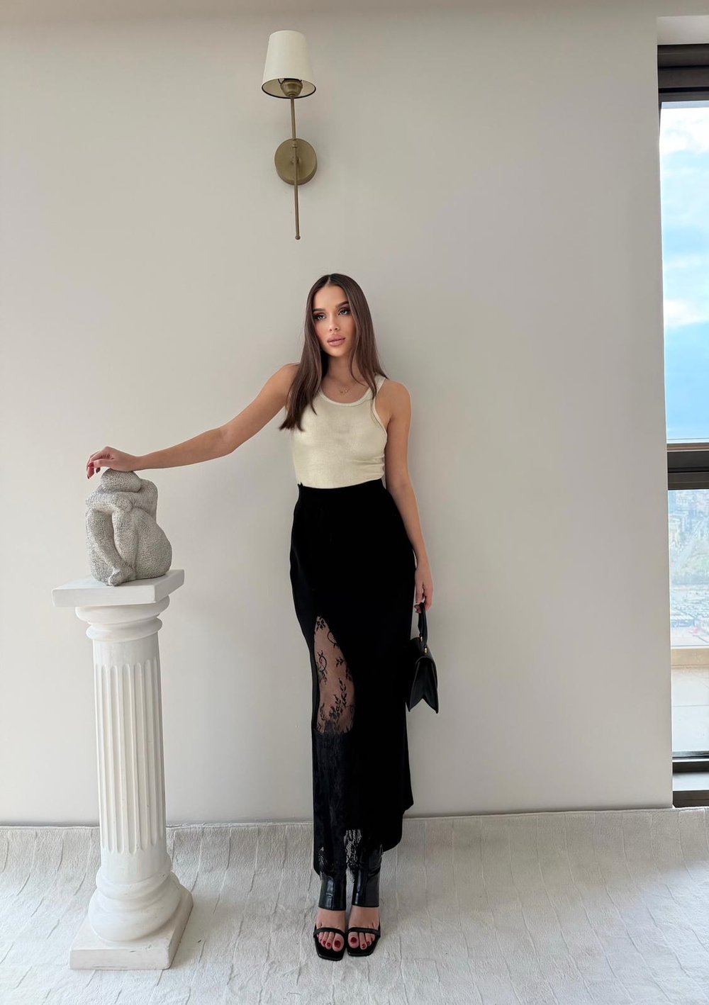 Dantel Detay Yüksek Bel Yırtmaçlı Triko Etek Siyah 2033