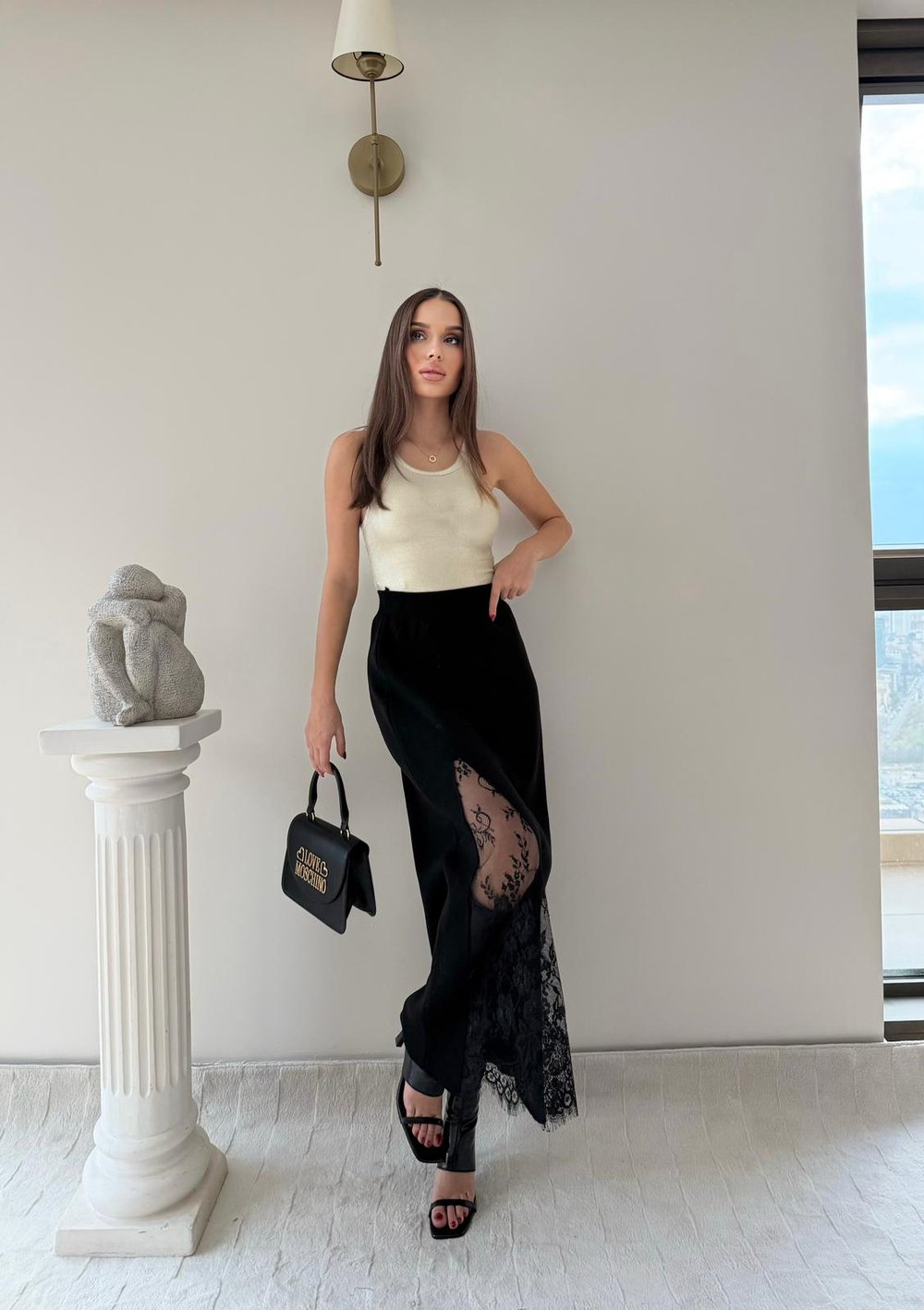 Dantel Detay Yüksek Bel Yırtmaçlı Triko Etek Siyah 2033