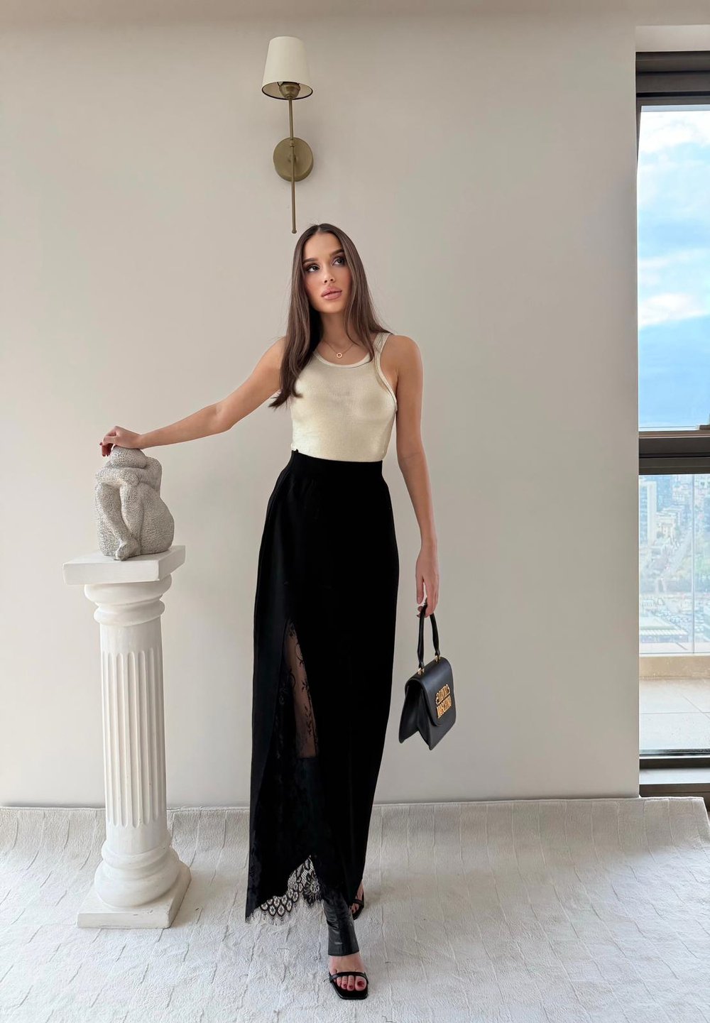 Dantel Detay Yüksek Bel Yırtmaçlı Triko Etek Siyah 2033
