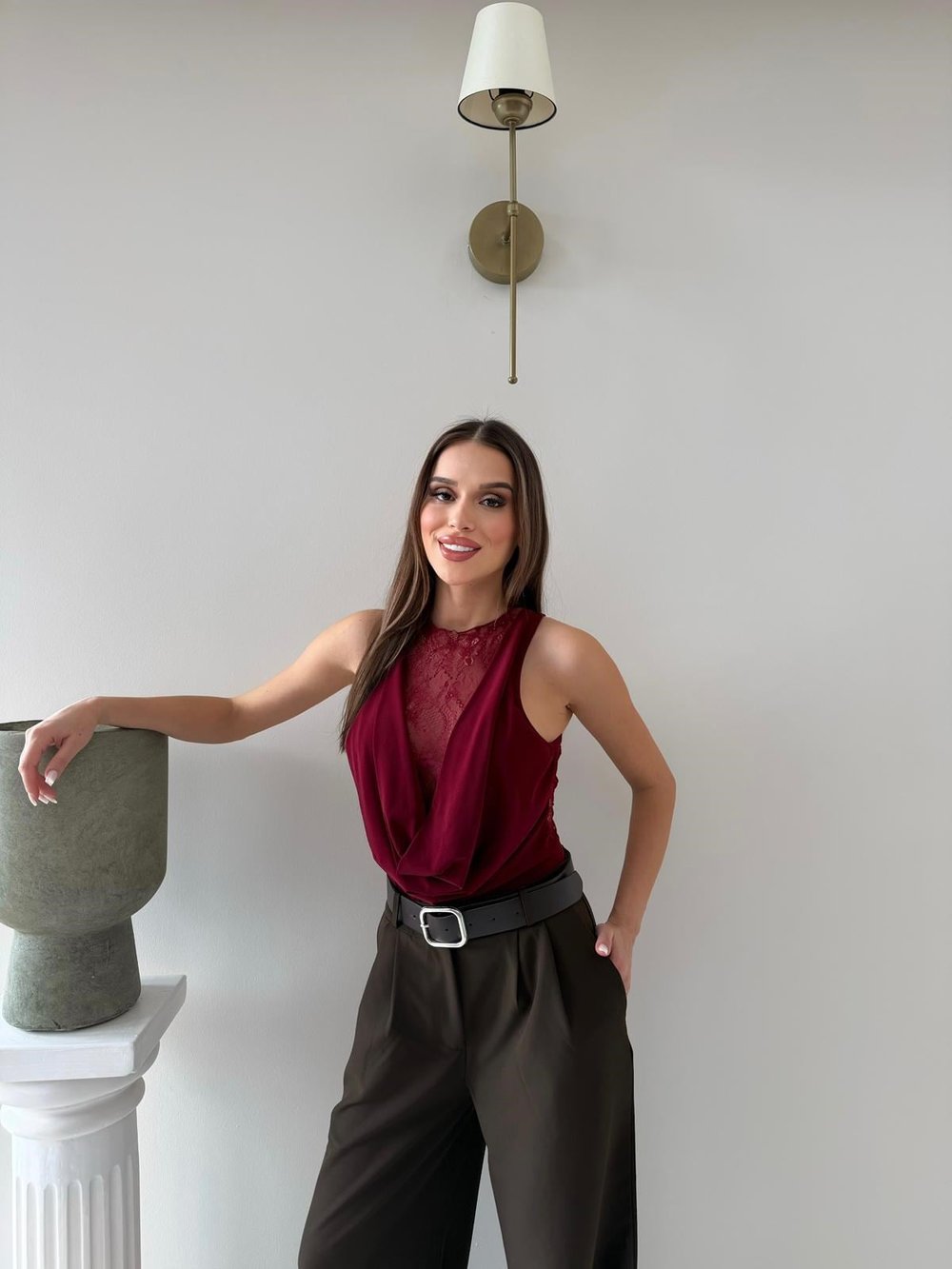 Degaje Yaka Dantel Detay Bodysuit Bordo 2083