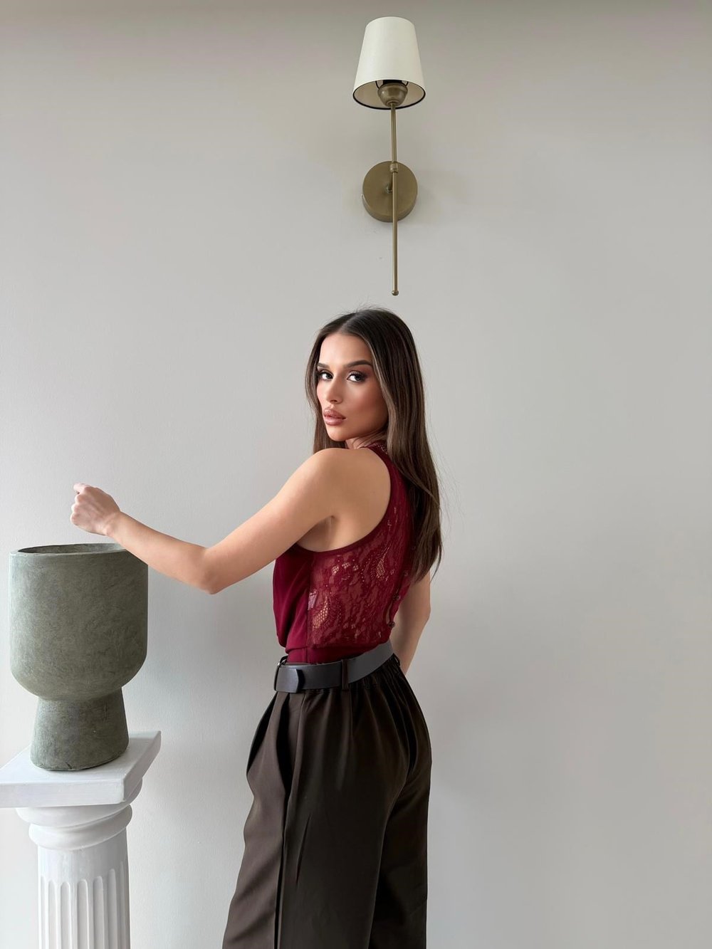 Degaje Yaka Dantel Detay Bodysuit Bordo 2083