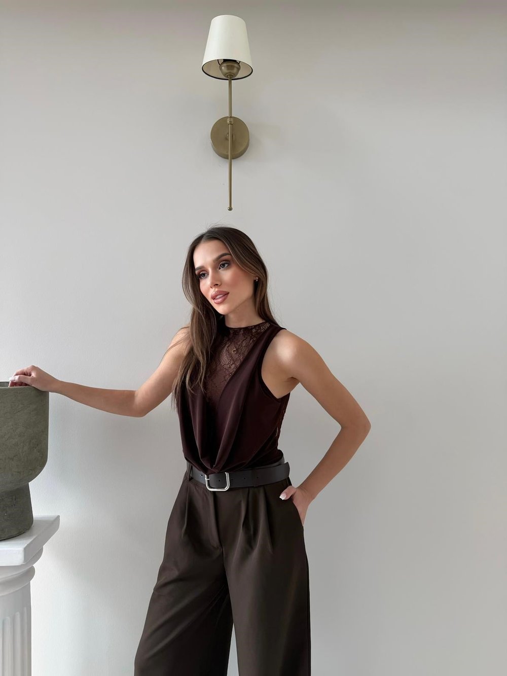 Degaje Yaka Dantel Detay Bodysuit Kahverengi 2083