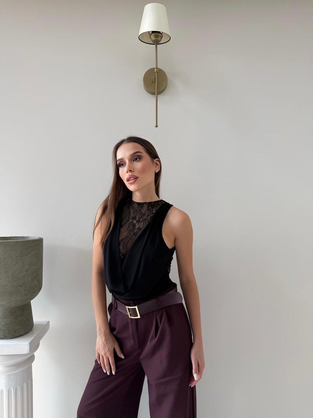 Degaje Yaka Dantel Detay Bodysuit Siyah 2083