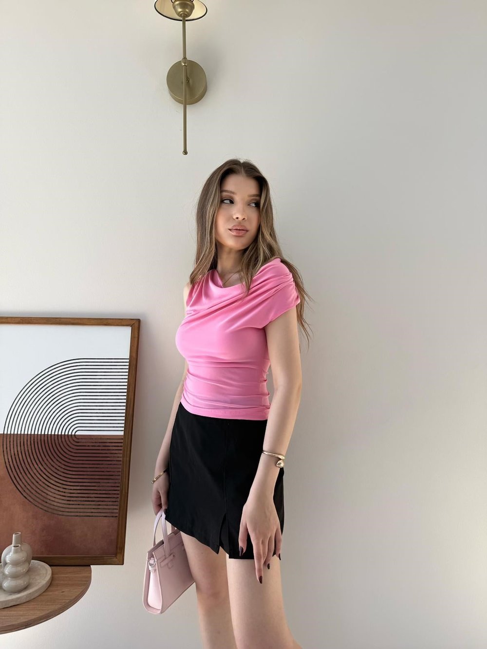 Degaje Yaka Omuz Aksesuar Detay Sandy Bluz Pembe 2311