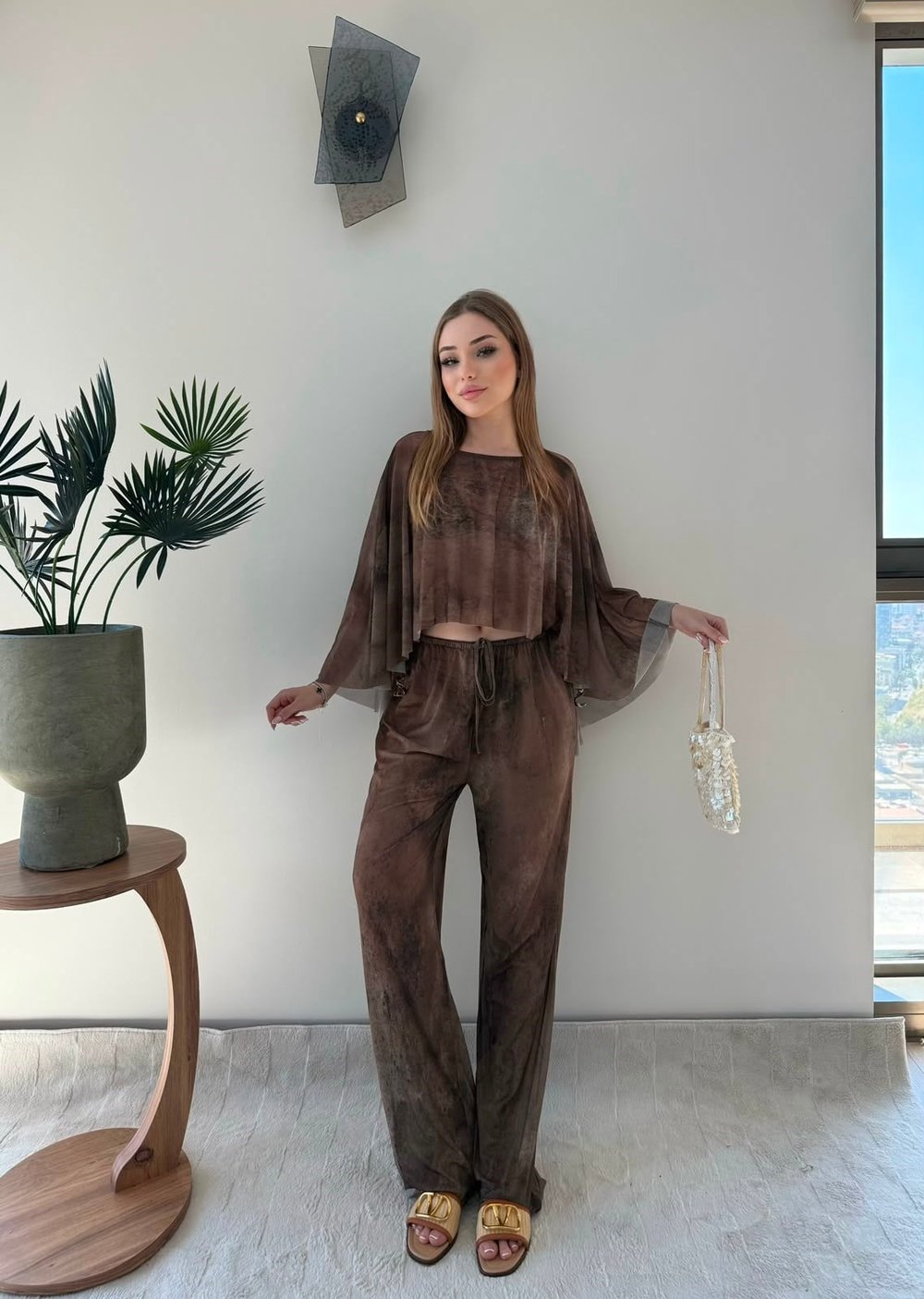 Desenli Panço ve Pantolonlu Tül Plaj Takım Kahve 2357