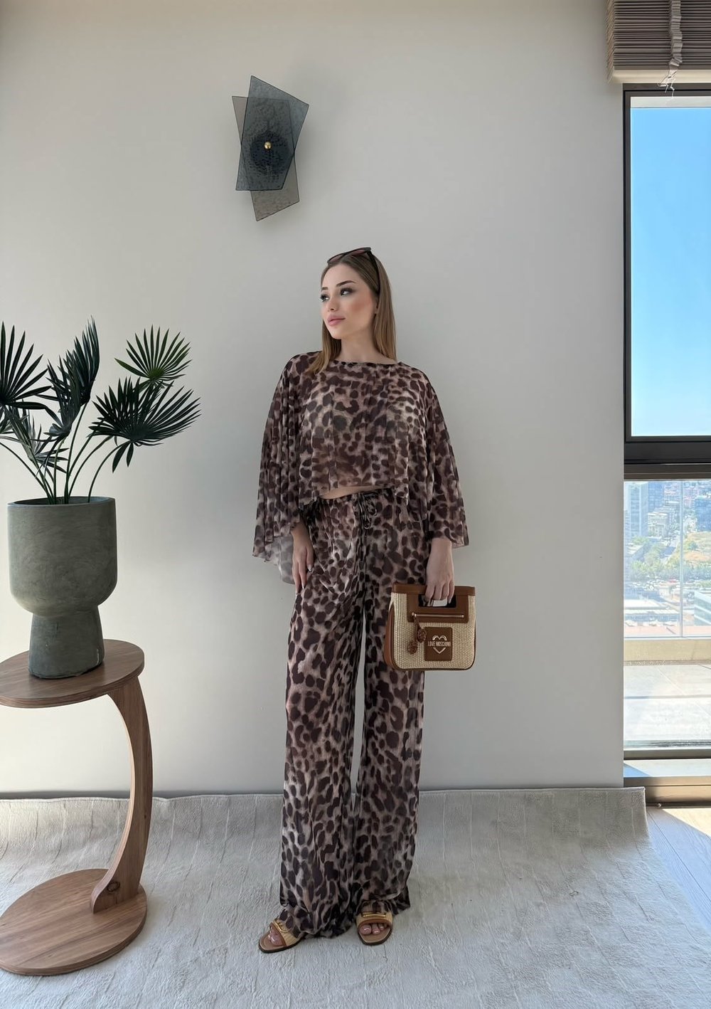 Desenli Panço ve Pantolonlu Tül Plaj Takım Leopar 2357