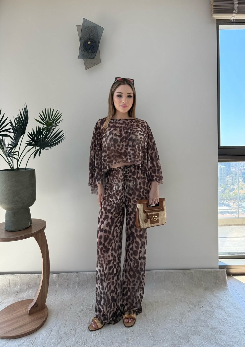 Desenli Panço ve Pantolonlu Tül Plaj Takım Leopar 2357