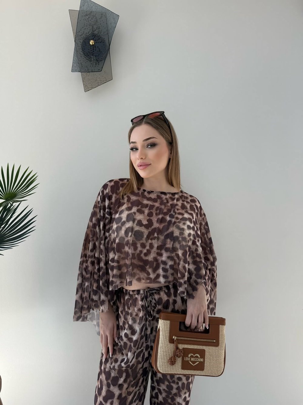Desenli Panço ve Pantolonlu Tül Plaj Takım Leopar 2357