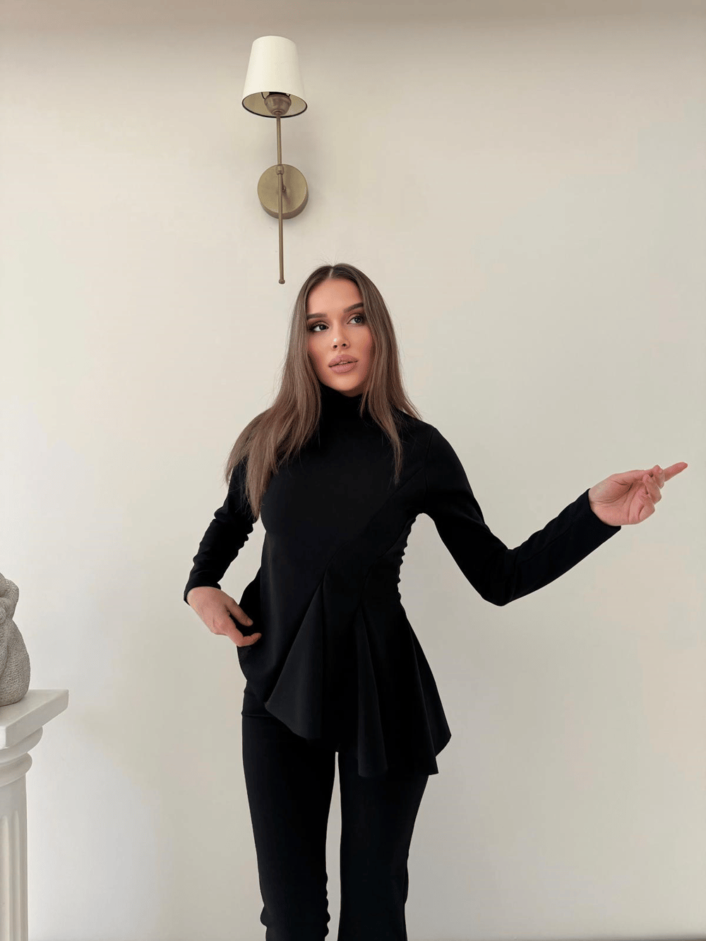 Dik Yaka Bel Asimetrik Drape Detay Bluz Ve Pantolonlu Crep İkili Takım Siyah 2027