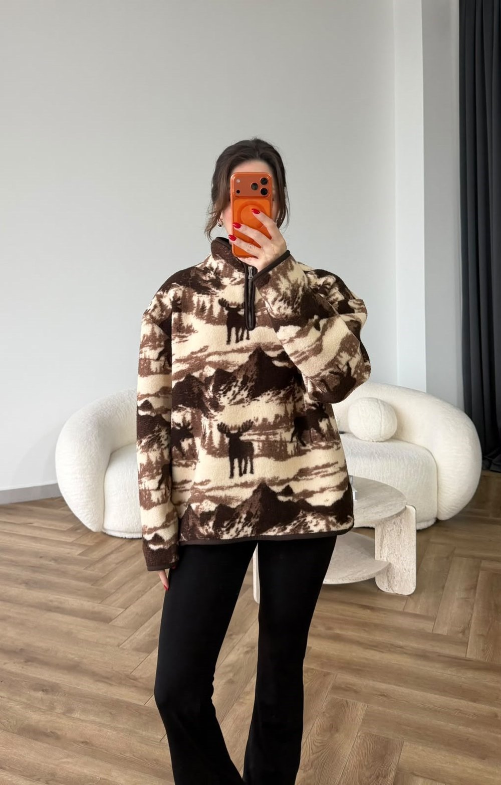 Dik Yaka Fermuar Detay Desenli Polar Sweat Kahve 2516