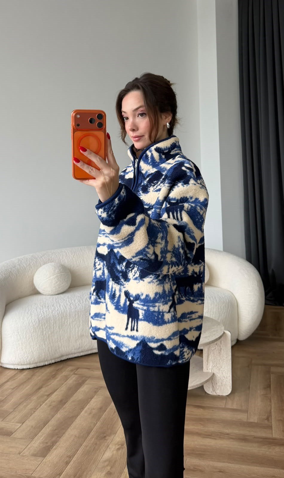 Dik Yaka Fermuar Detay Desenli Polar Sweat Mavi 2516