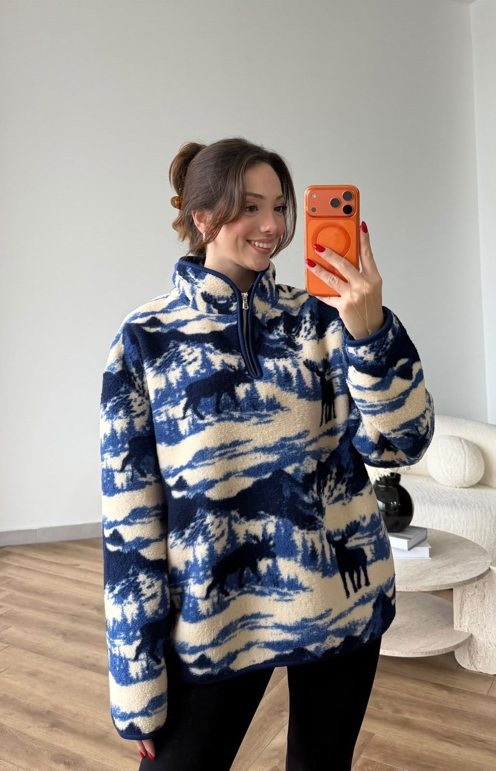 Dik Yaka Fermuar Detay Desenli Polar Sweat Mavi 2516