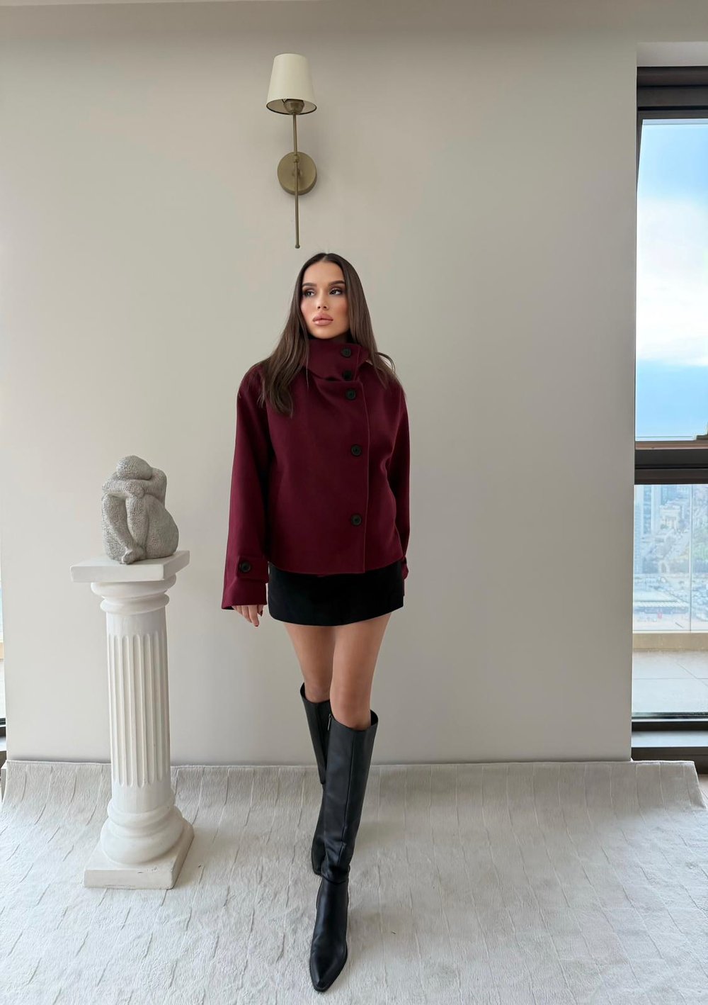 Dik Yaka Kol Kemer Detay İç Astarlı Kaşe Mont Bordo 2034