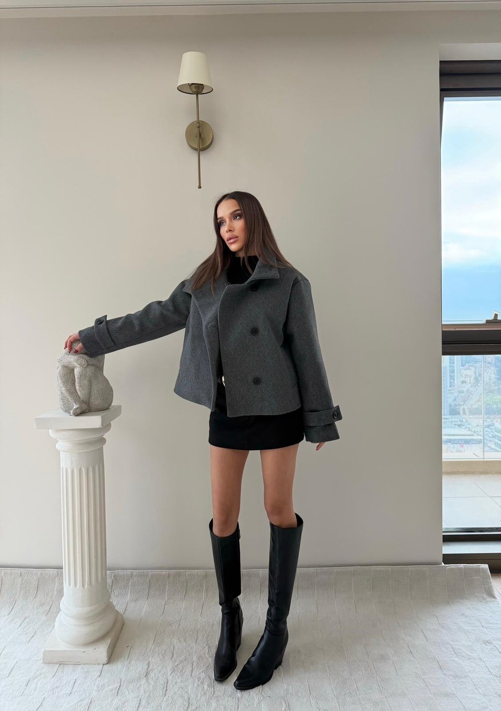 Dik Yaka Kol Kemer Detay İç Astarlı Kaşe Mont Antrasit 2034