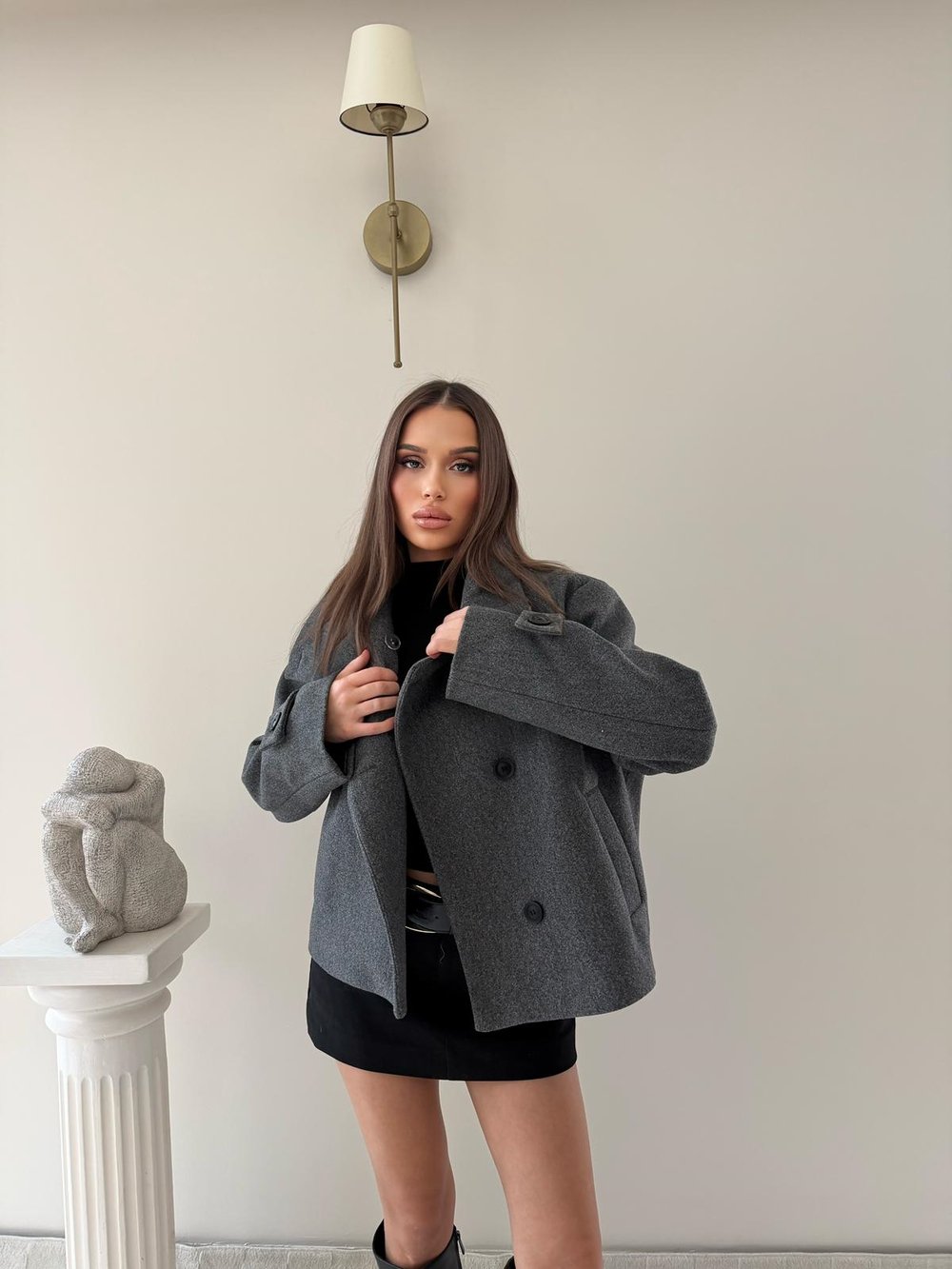 Dik Yaka Kol Kemer Detay İç Astarlı Kaşe Mont Antrasit 2034