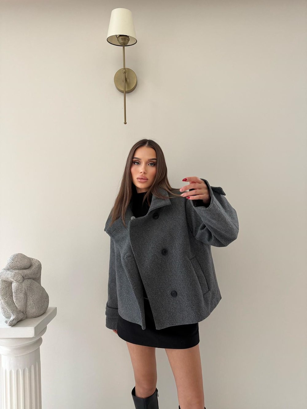 Dik Yaka Kol Kemer Detay İç Astarlı Kaşe Mont Antrasit 2034