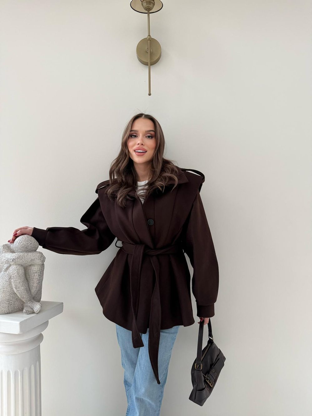 DİK YAKA OMUZ APOLETLİ BEL KUŞAKLI ASTARLI KAŞE KABAN ACI KAHVE 2004