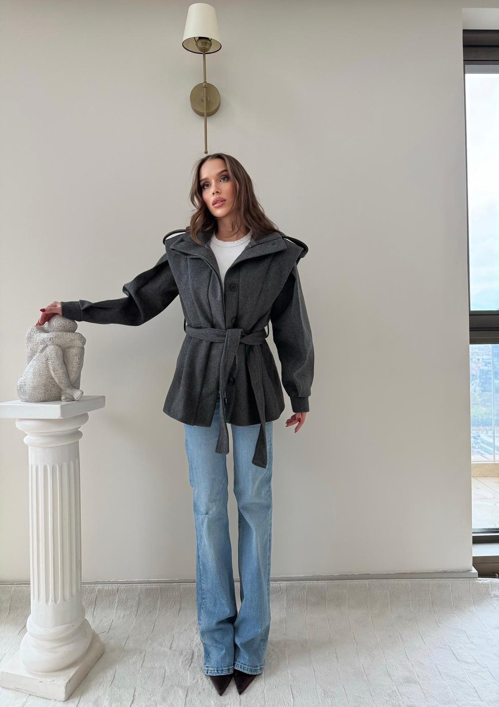 DİK YAKA OMUZ APOLETLİ BEL KUŞAKLI ASTARLI KAŞE KABAN ANTRASİT 2004