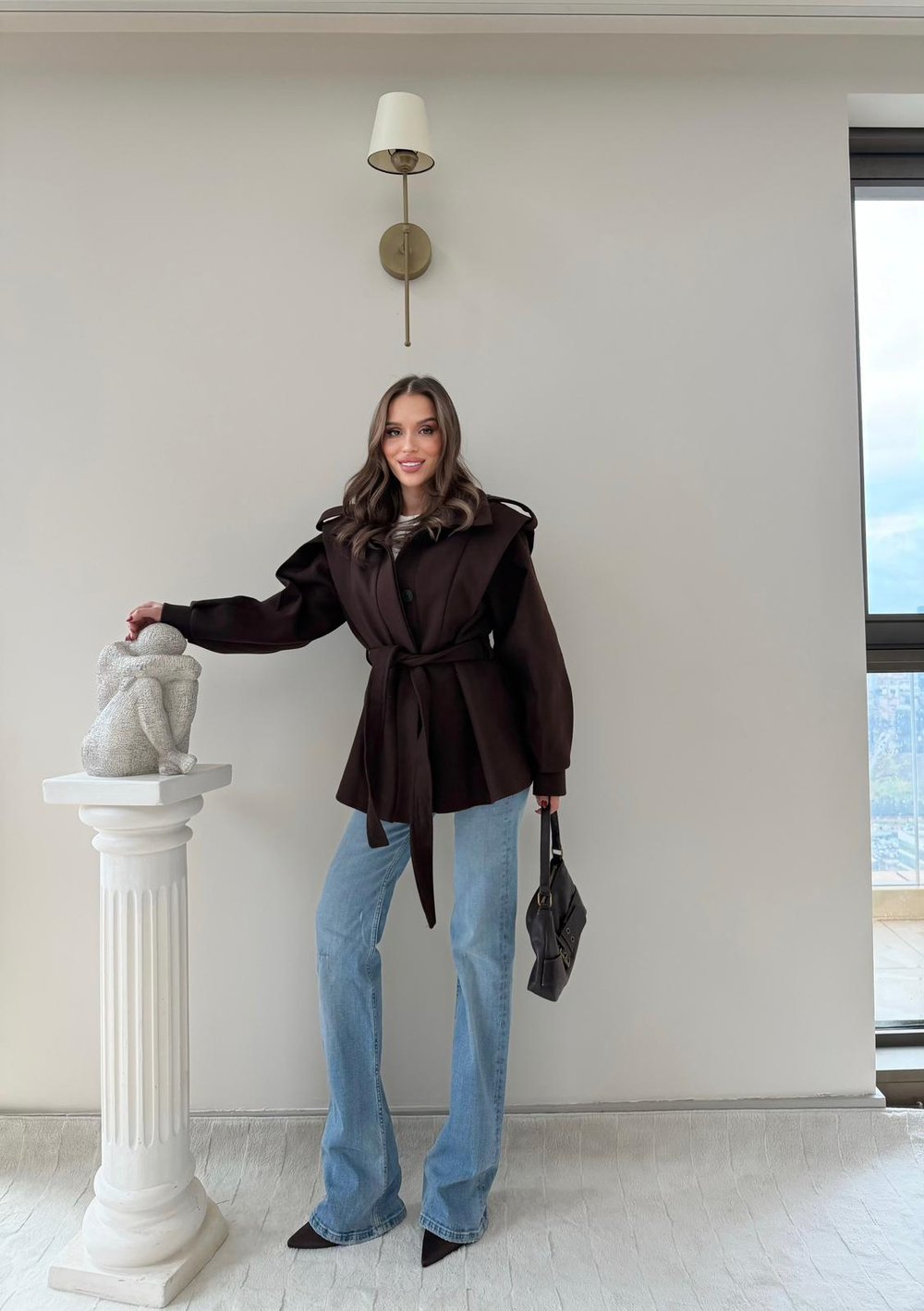 DİK YAKA OMUZ APOLETLİ BEL KUŞAKLI ASTARLI KAŞE KABAN ACI KAHVE 2004