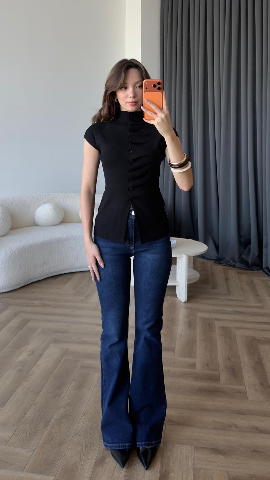 Dik Yaka Ön Pileli Düğme Detay Triko Bluz Siyah 2411
