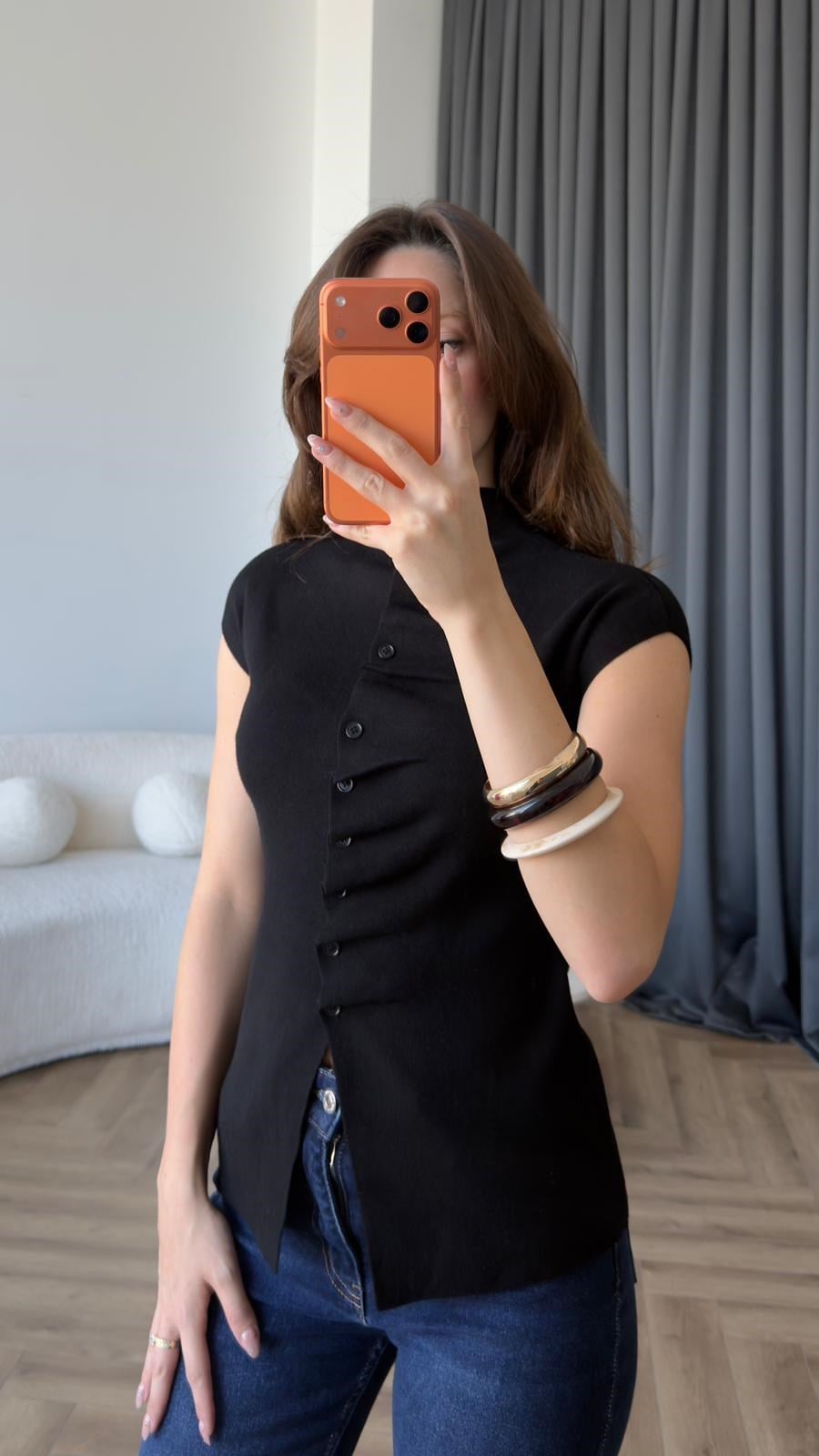 Dik Yaka Ön Pileli Düğme Detay Triko Bluz Siyah 2411