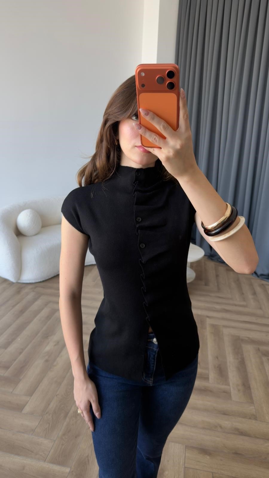 Dik Yaka Ön Pileli Düğme Detay Triko Bluz Siyah 2411