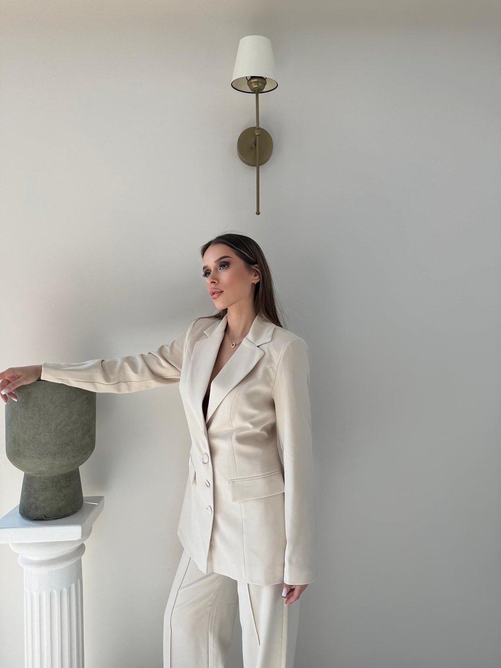 Dört Düğme Detay İç Astarlı Blazer Ceket ve Pantolonlu Double Kumaş İkili Takım Bej 2093