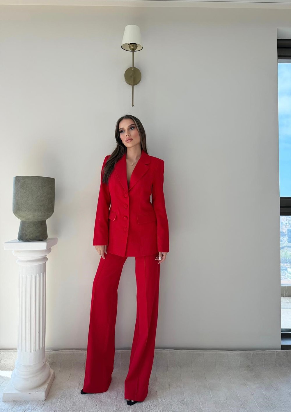 Dört Düğme Detay İç Astarlı Blazer Ceket ve Pantolonlu Double Kumaş İkili Takım Kırmızı 2093