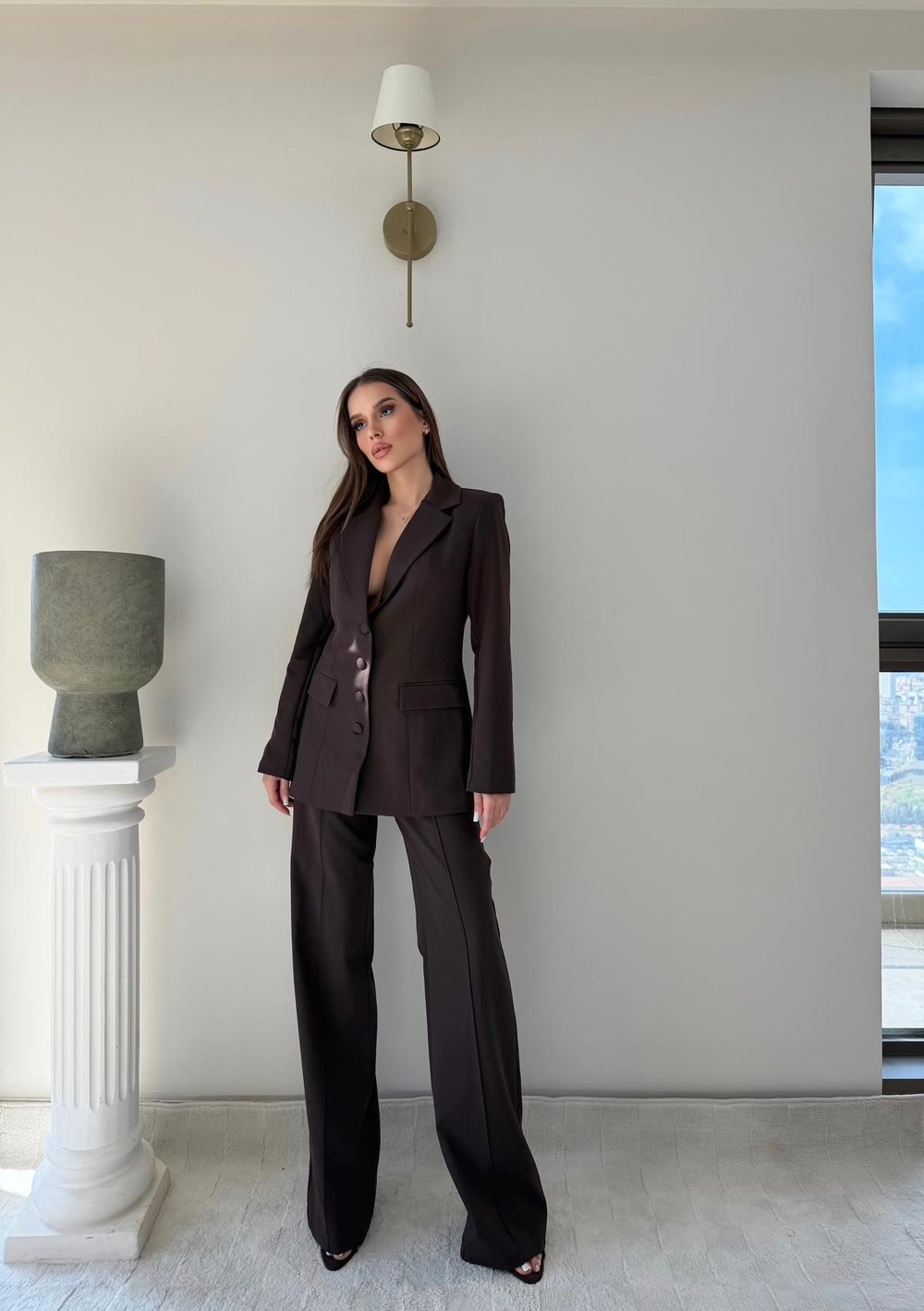 Dört Düğme Detay İç Astarlı Blazer Ceket ve Pantolonlu Double Kumaş İkili Takım Acı Kahve 2093