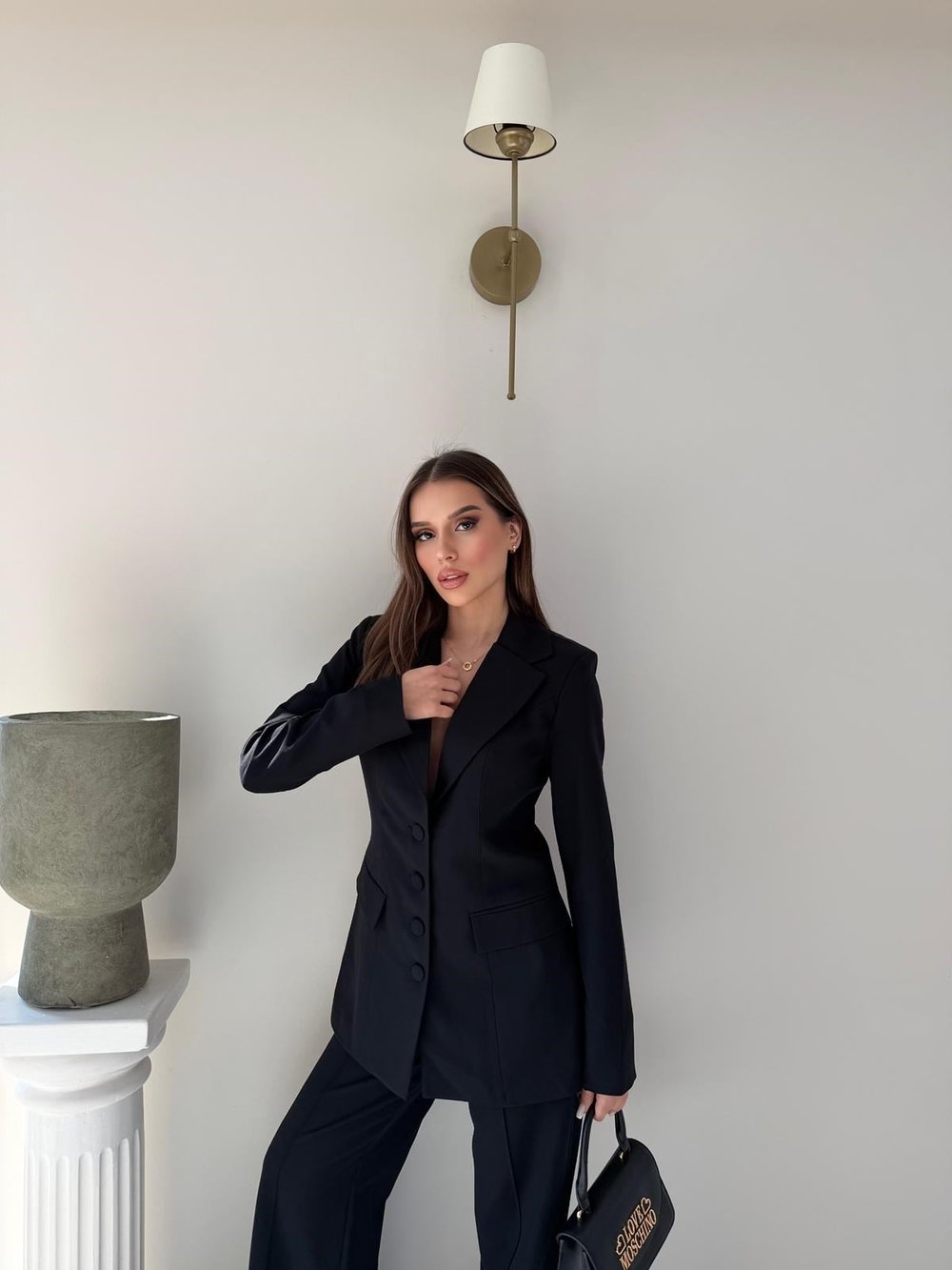 Dört Düğme Detay İç Astarlı Blazer Ceket ve Pantolonlu Double Kumaş İkili Takım Siyah 2093