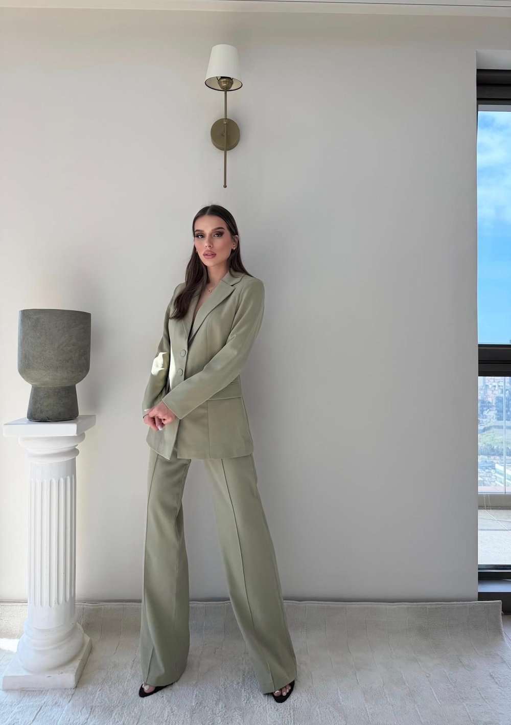 Dört Düğme Detay İç Astarlı Blazer Ceket ve Pantolonlu Double Kumaş İkili Takım Haki 2093