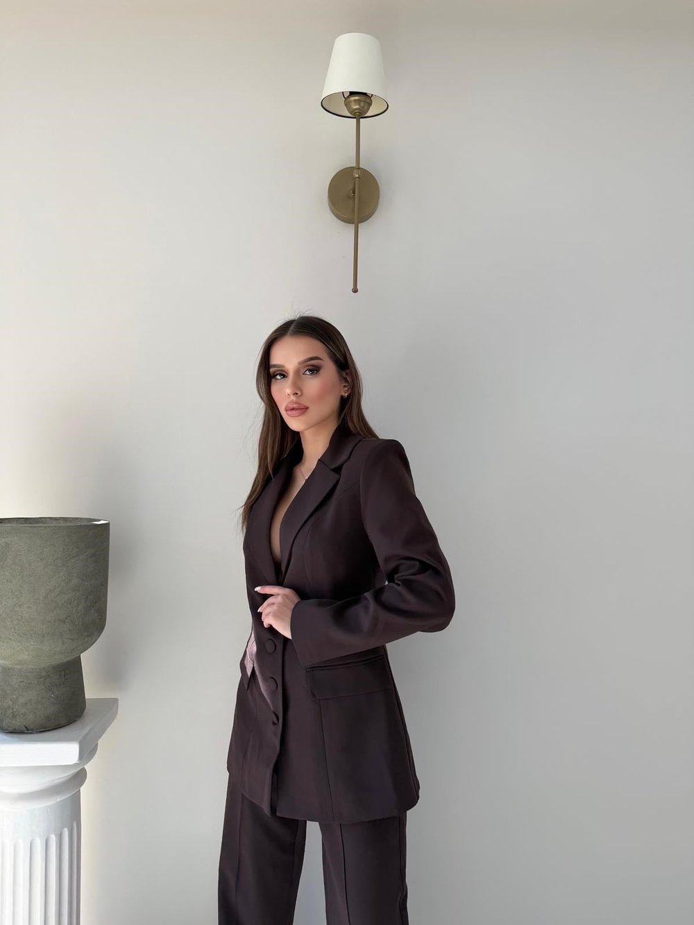 Dört Düğme Detay İç Astarlı Blazer Ceket ve Pantolonlu Double Kumaş İkili Takım Acı Kahve 2093