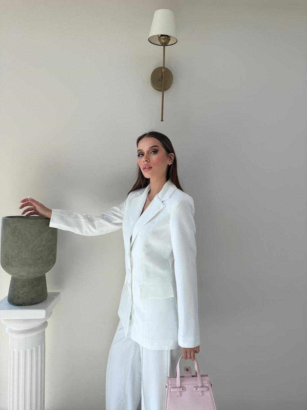 Dört Düğme Detay İç Astarlı Blazer Ceket ve Pantolonlu Double Kumaş İkili Takım Beyaz 2093