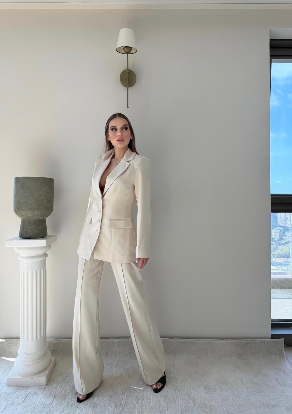 Dört Düğme Detay İç Astarlı Blazer Ceket ve Pantolonlu Double Kumaş İkili Takım Bej 2093