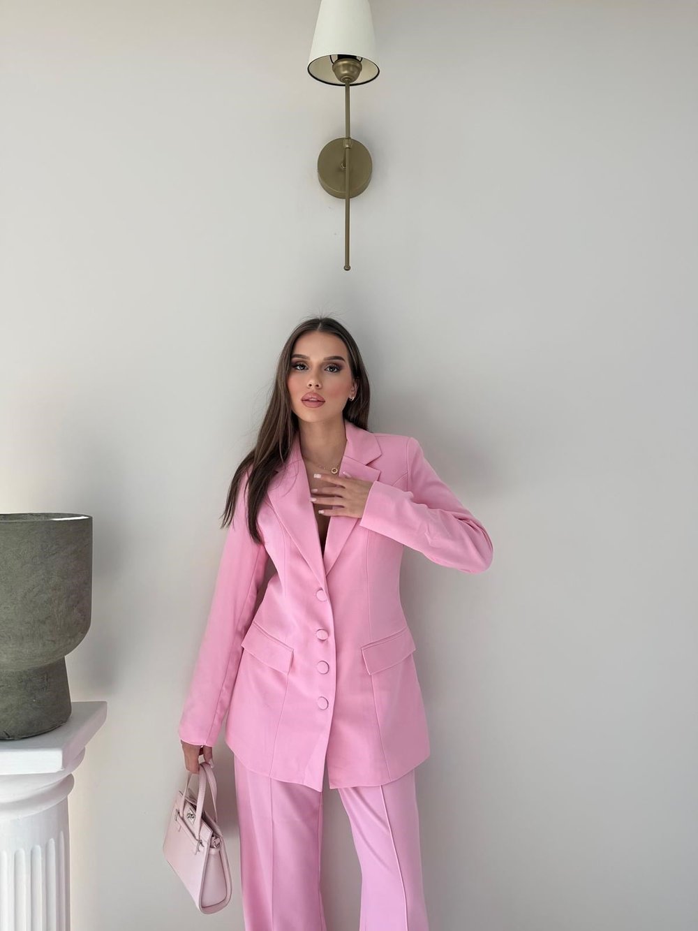Dört Düğme Detay İç Astarlı Blazer Ceket ve Pantolonlu Double Kumaş İkili Takım Pembe 2093