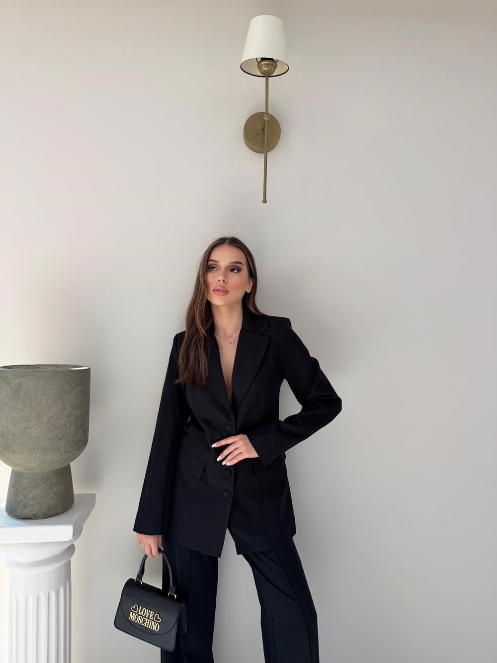 Dört Düğme Detay İç Astarlı Blazer Ceket ve Pantolonlu Double Kumaş İkili Takım Siyah 2093